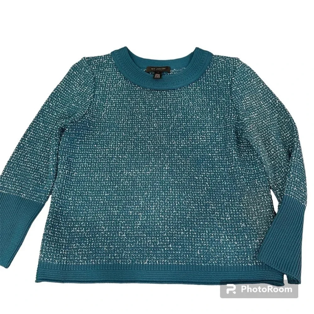 St John Teal Blue Wool Blend Woven Knit Sweater Size Medium